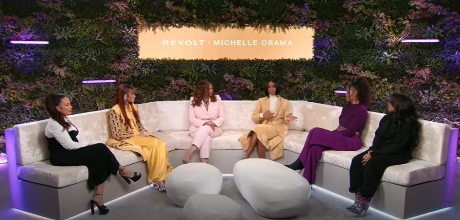 Michelle Obama sits with (from left) Angie Martinez, Winnie Harlow, Tina Knowles-Lawson, Kelly Rowland, and Gabriella Wilson for Revolt x Michelle Obama, be a parent not a friend