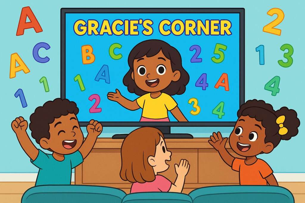 Children joyfully singing and learning in front of a TV or tablet showing Gracie’s Corner, with animated letters and numbers floating around them